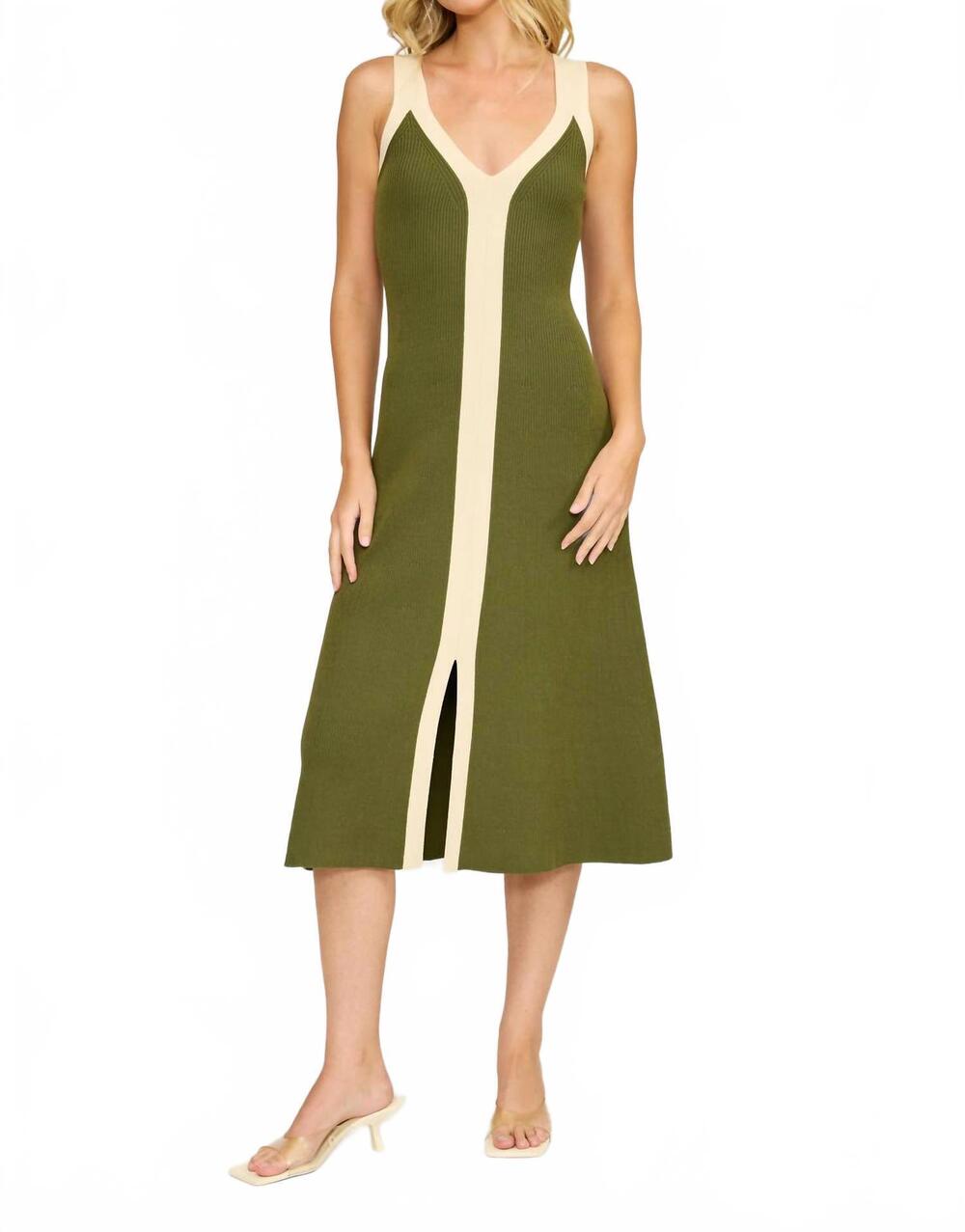 NEW LUCY PARIS grove knit midi dress in olive cream